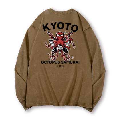 Kyoto Octopus Samurai Vintage Washed Cotton Back Art Long-sleeve T-shirt