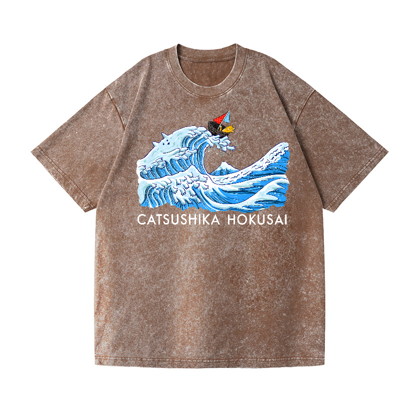 Catsushika Hokusai Cat Wave Vintage Wash Japanese Design T-Shirt