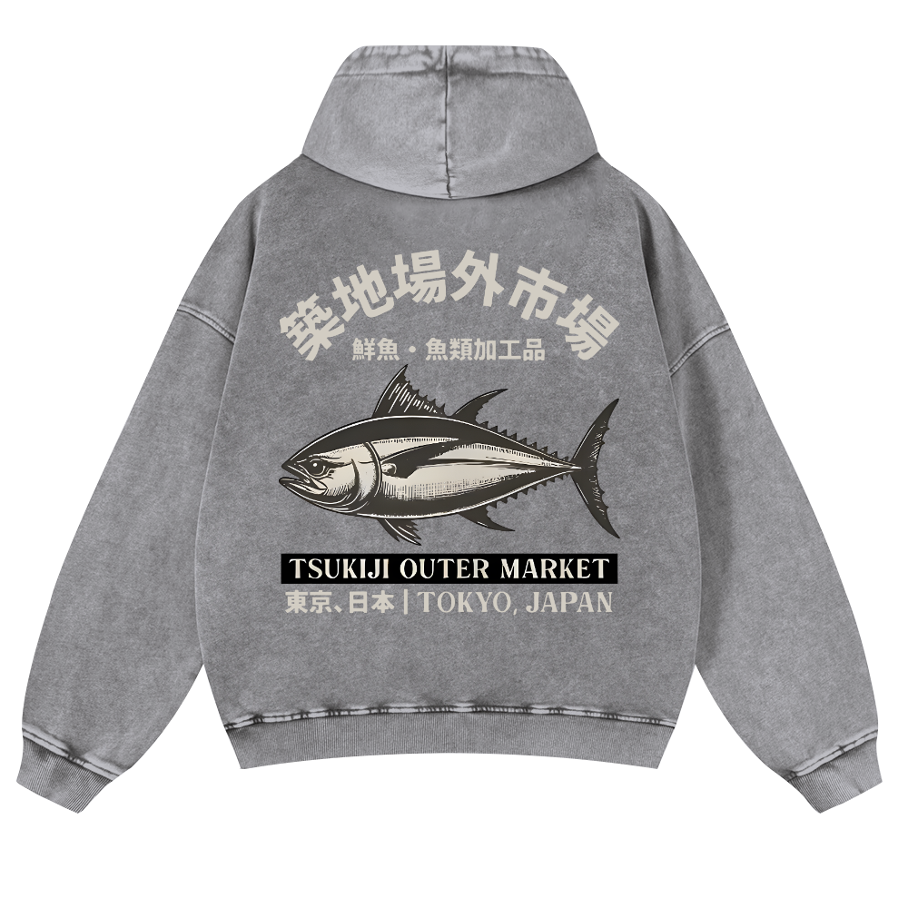 Tsukiji Market Tuna Fish Vintage Washed Cotton Back Art Hoodie