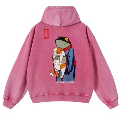 Frog and Cat Vintage Washed Cotton Back Art Hoodie