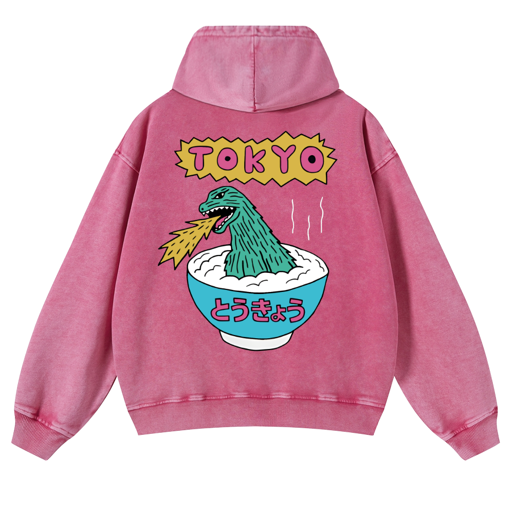 Godzilla The Monster Rice of Tokyo Vintage Washed Cotton Back Art Hoodie