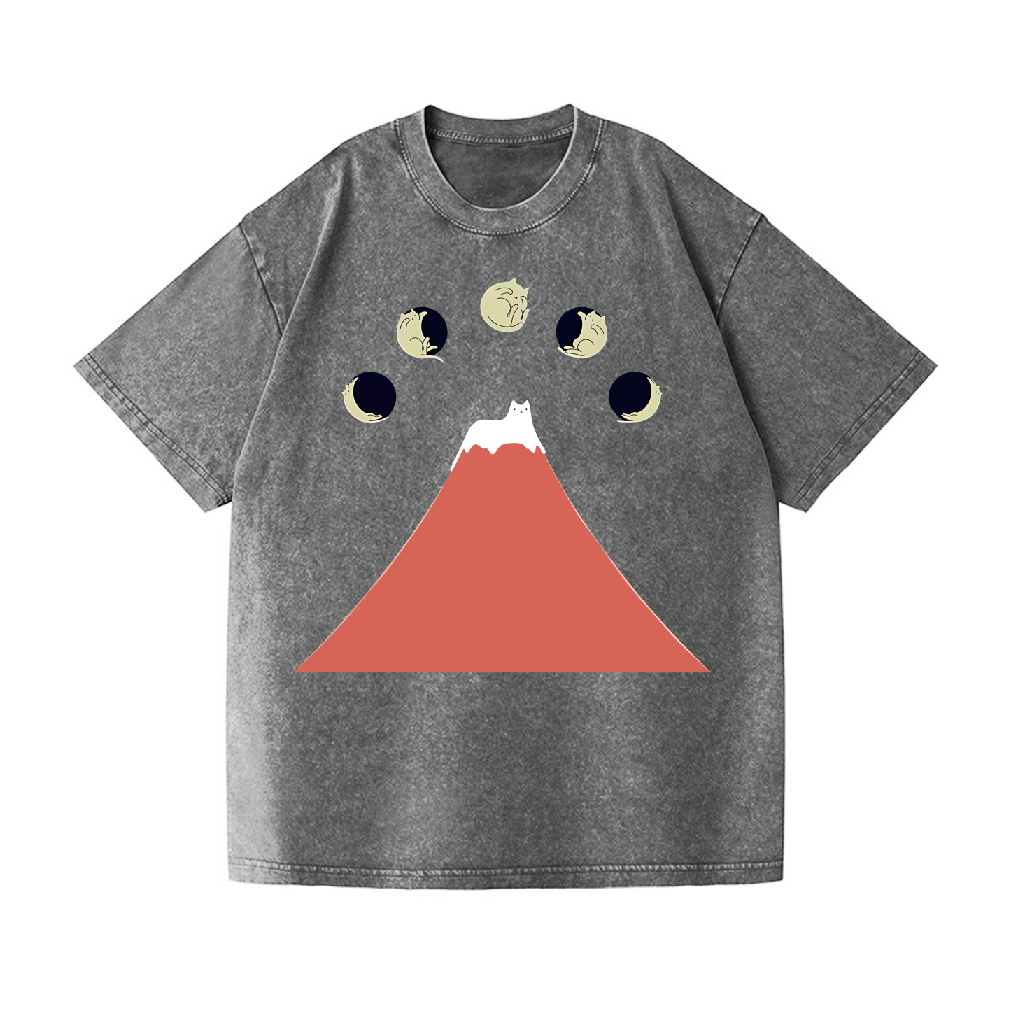 Mount FUJI Moon Cat Vintage Wash Japanese Design T-Shirt