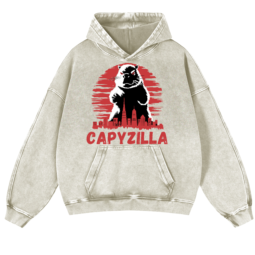 Capybara Godzilla Capyzilla Vintage Washed Thick Cotton Hoodie