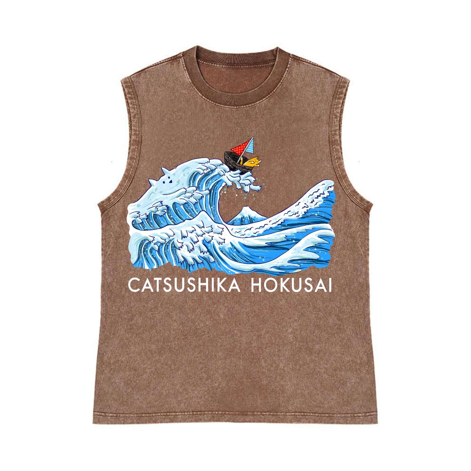 Catsushika Hokusai Cat Wave   Pure Cotton Wash-Dyed Sleeveless Tank Top