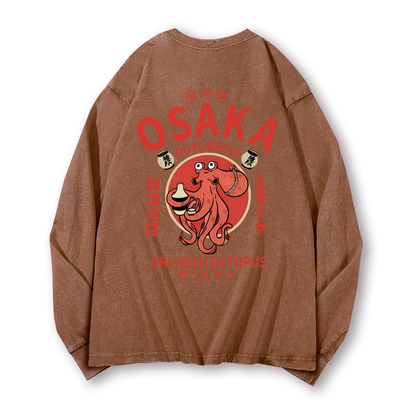 Osaka Dotonbori Drunken Octopus Vintage Washed Cotton Back Art Long-sleeve T-shirt