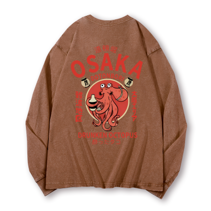 Osaka Dotonbori Drunken Octopus Vintage Washed Cotton Back Art Long-sleeve T-shirt