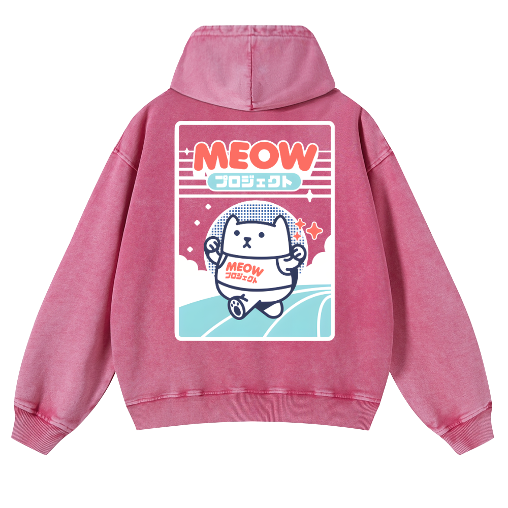 Meow Cat Vintage Washed Cotton Back Art Hoodie