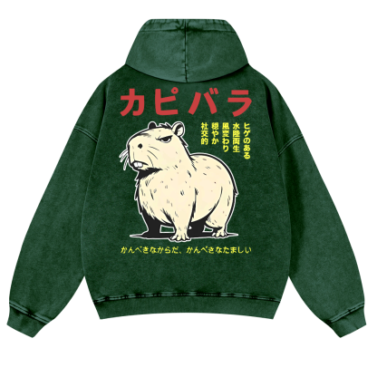 Capybara Vintage Washed Cotton Back Art Hoodie