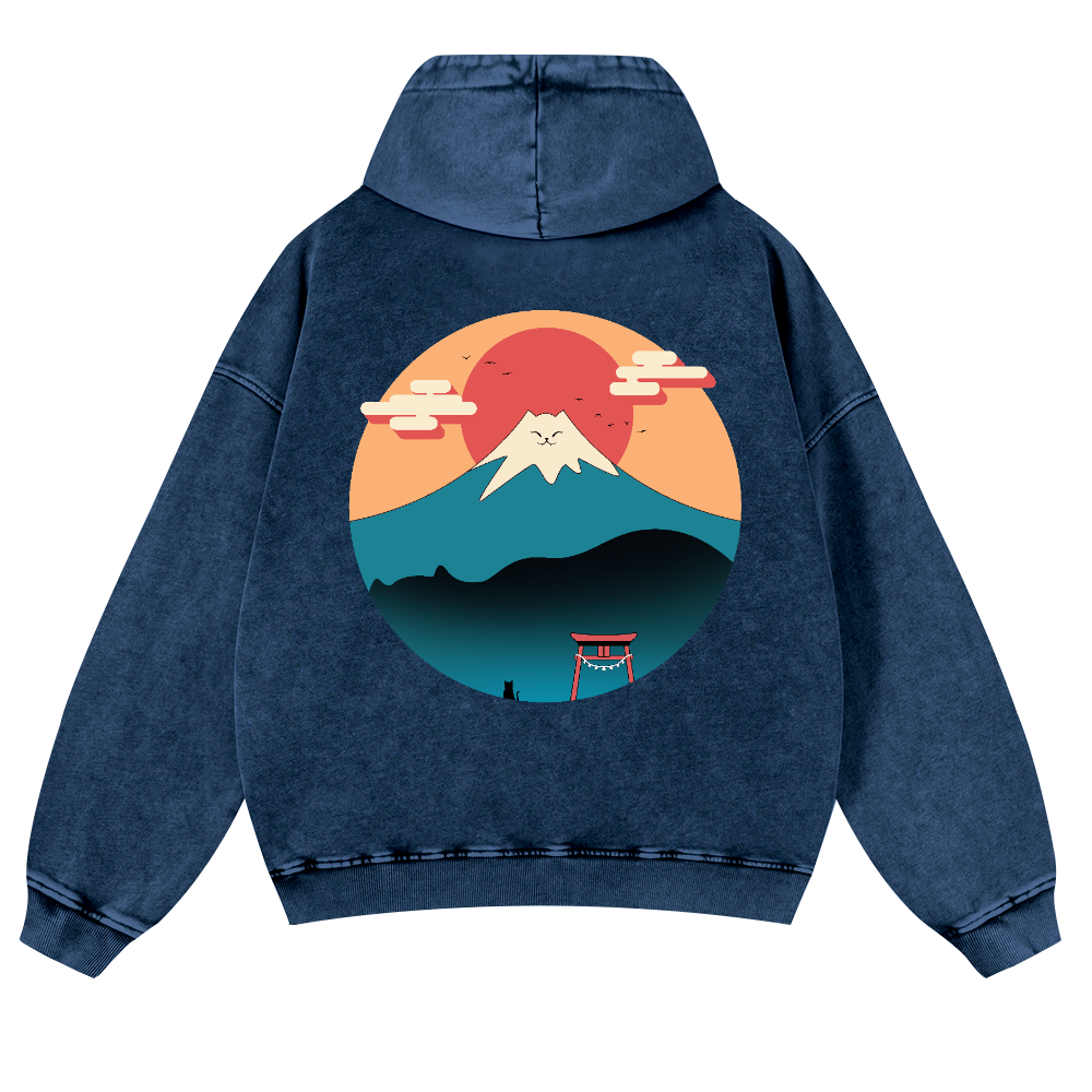 Cat Mount Fuji Vintage Washed Cotton Back Art Hoodie
