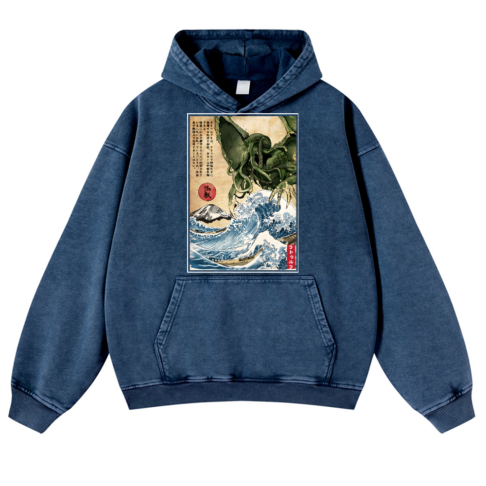 Octopus Ukiyoe Vintage Washed Thick Cotton Hoodie