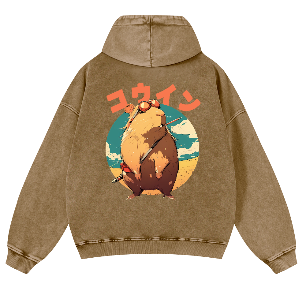 Capybara Vintage Washed Cotton Back Art Hoodie