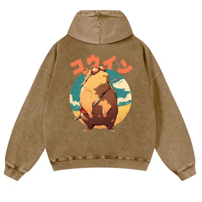 Capybara Vintage Washed Cotton Back Art Hoodie