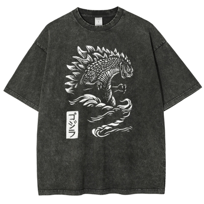 Godzilla Pattern Washed Vintage Short Sleeves T-Shirt
