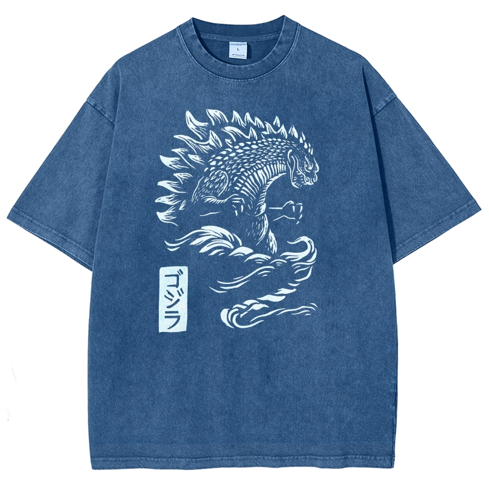 Godzilla Pattern Washed Vintage Short Sleeves T-Shirt