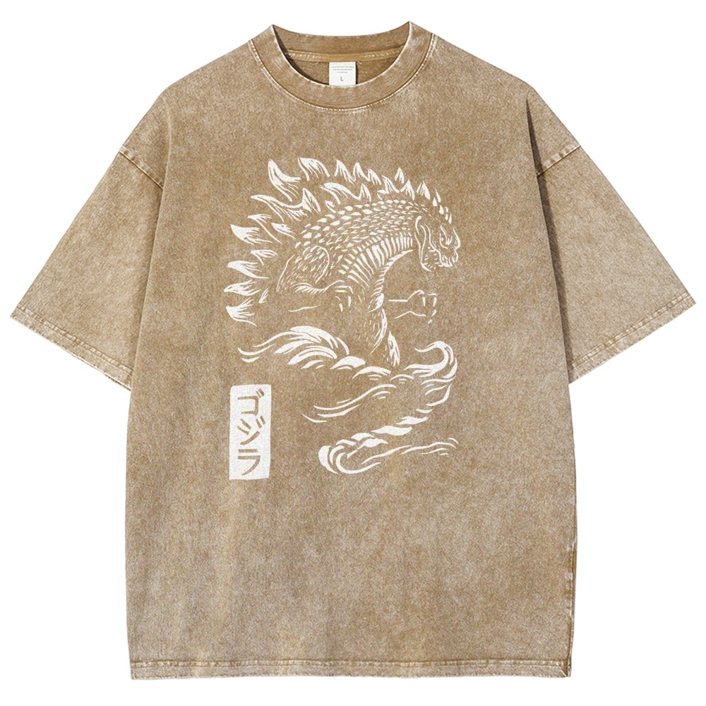 Godzilla Pattern Washed Vintage Short Sleeves T-Shirt