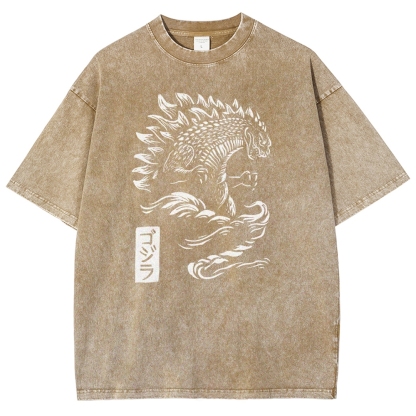 Godzilla Pattern Washed Vintage Short Sleeves T-Shirt