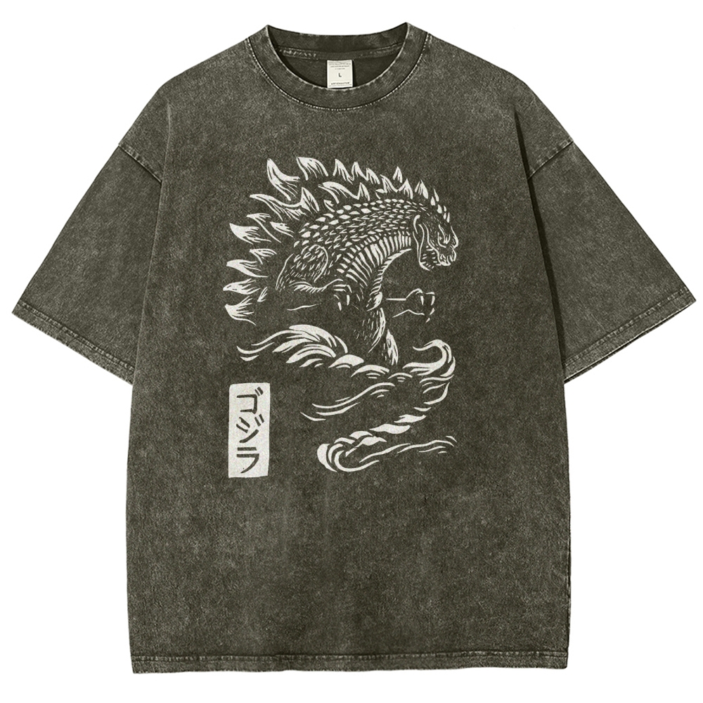 Godzilla Pattern Washed Vintage Short Sleeves T-Shirt