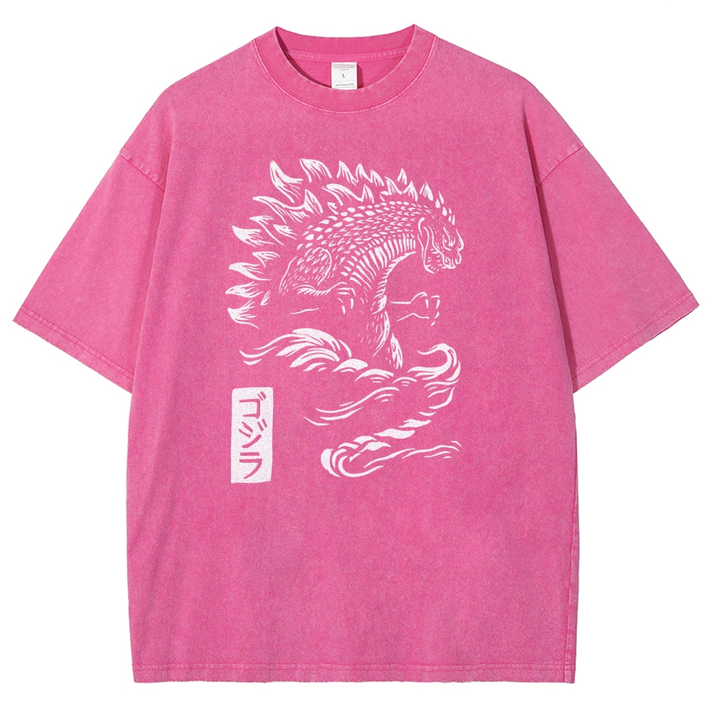 Godzilla Pattern Washed Vintage Short Sleeves T-Shirt