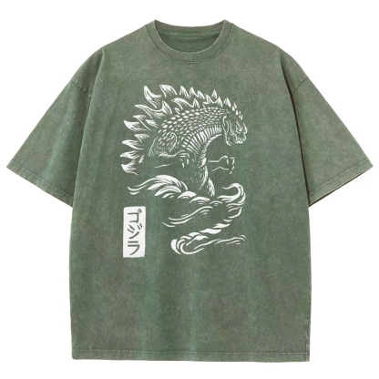 Godzilla Pattern Washed Vintage Short Sleeves T-Shirt