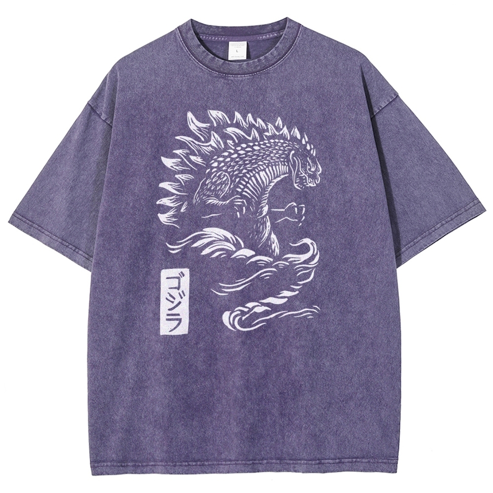 Godzilla Pattern Washed Vintage Short Sleeves T-Shirt