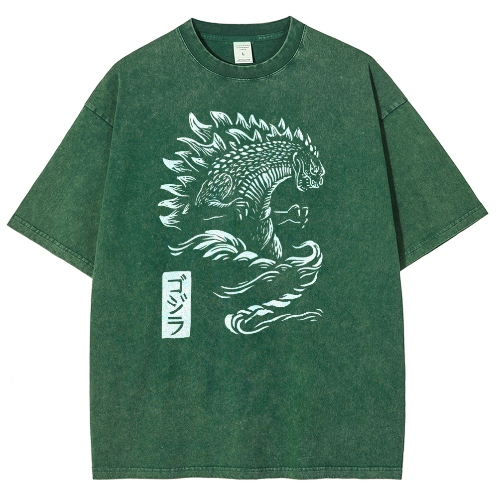 Godzilla Pattern Washed Vintage Short Sleeves T-Shirt