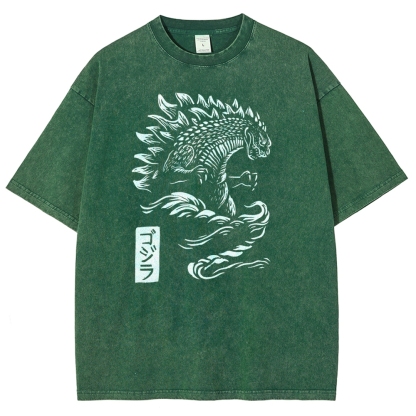 Godzilla Pattern Washed Vintage Short Sleeves T-Shirt