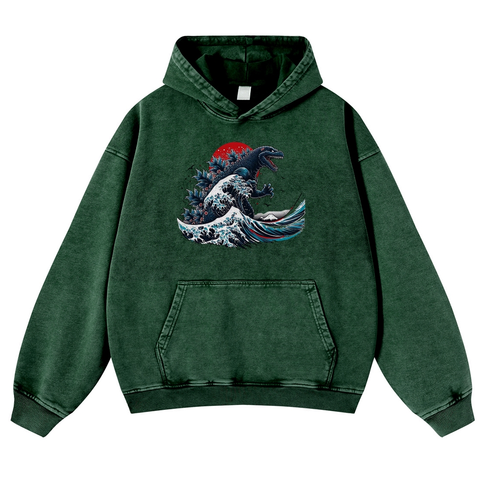 Japanese Godzilla Wave Ukiyoe Vintage Washed Hoodie