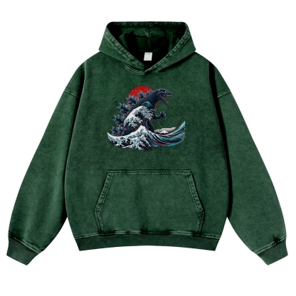 Japanese Godzilla Wave Ukiyoe Vintage Washed Hoodie