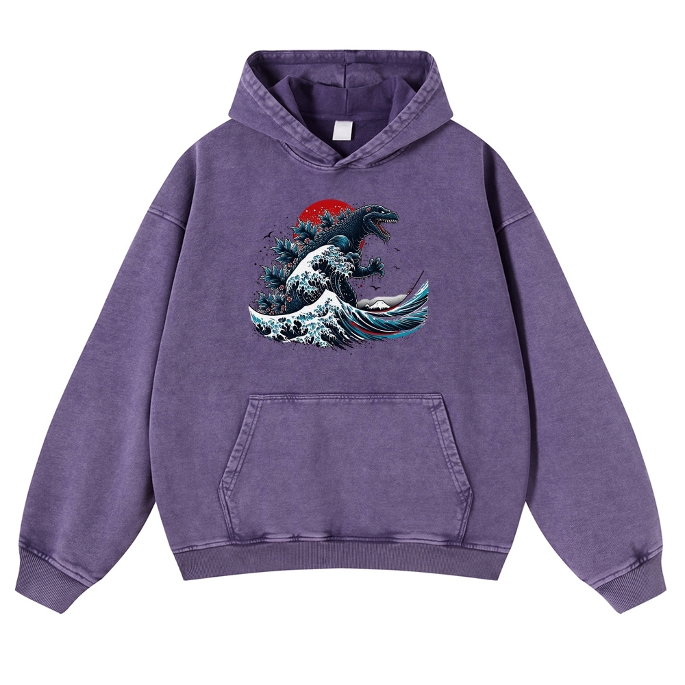 Japanese Godzilla Wave Ukiyoe Vintage Washed Hoodie