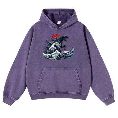 Japanese Godzilla Wave Ukiyoe Vintage Washed Hoodie