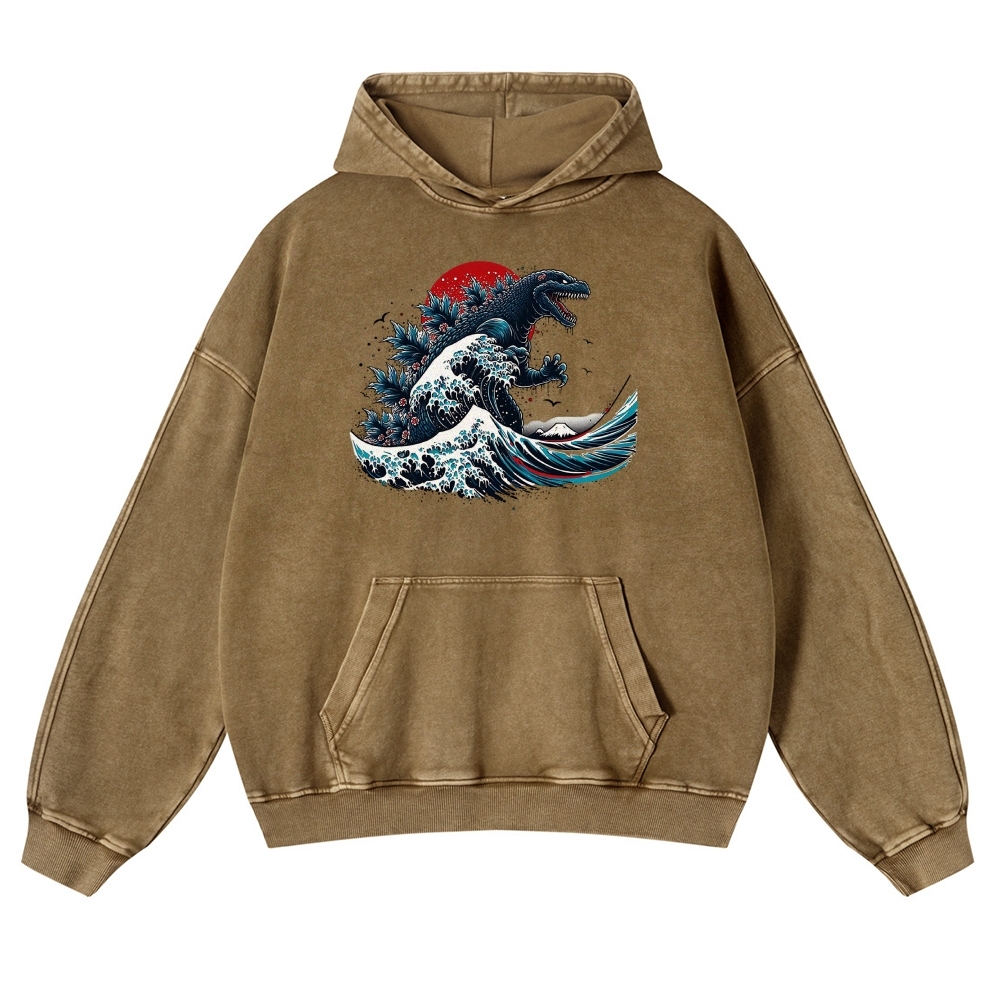 Japanese Godzilla Wave Ukiyoe Vintage Washed Hoodie