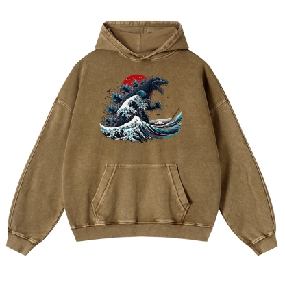 Japanese Godzilla Wave Ukiyoe Vintage Washed Hoodie