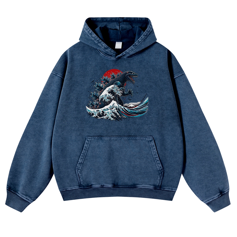 Japanese Godzilla Wave Ukiyoe Vintage Washed Hoodie
