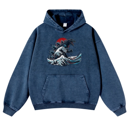 Japanese Godzilla Wave Ukiyoe Vintage Washed Hoodie