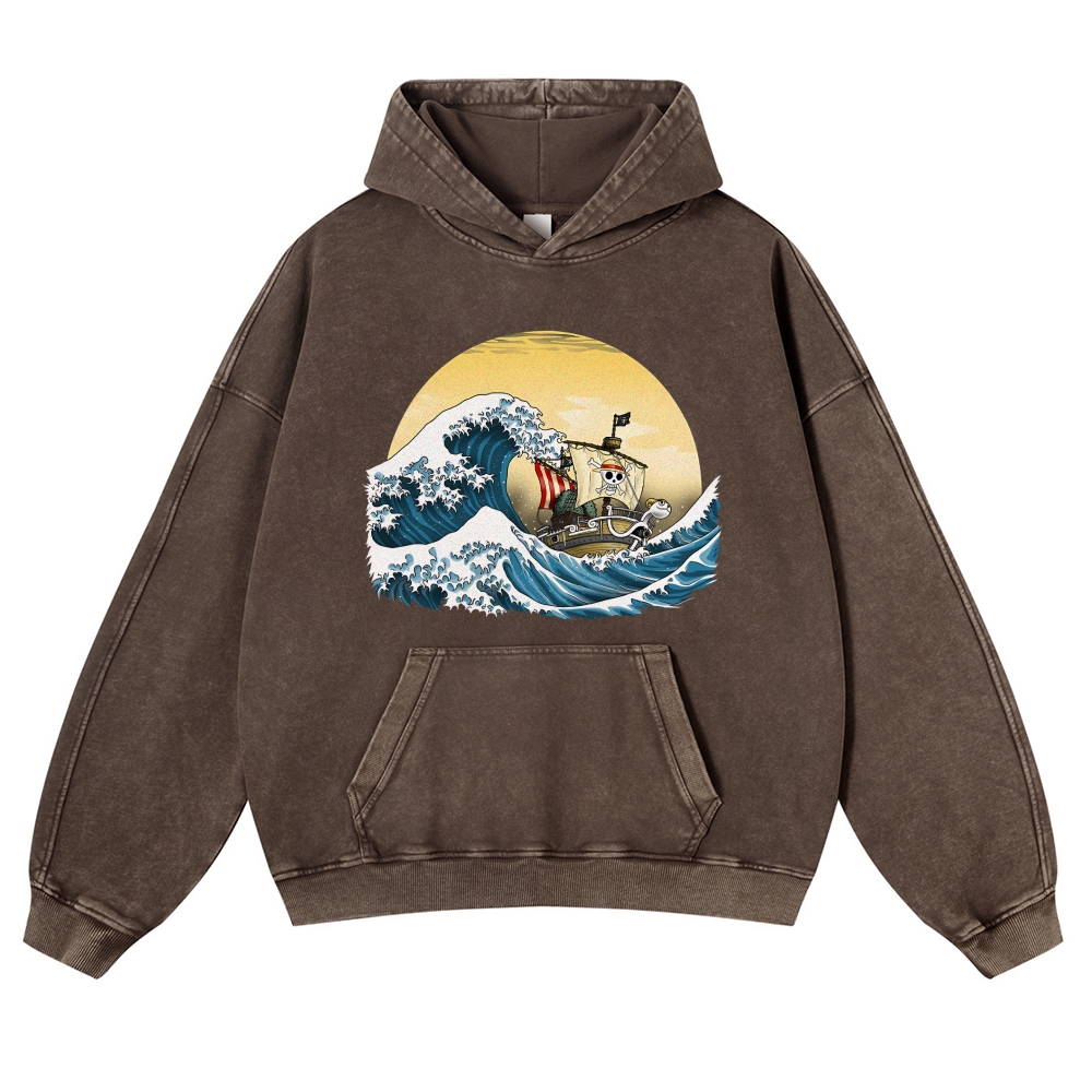 Straw Hat Pirate Ship Ukiyoe Vintage Washed Hoodie