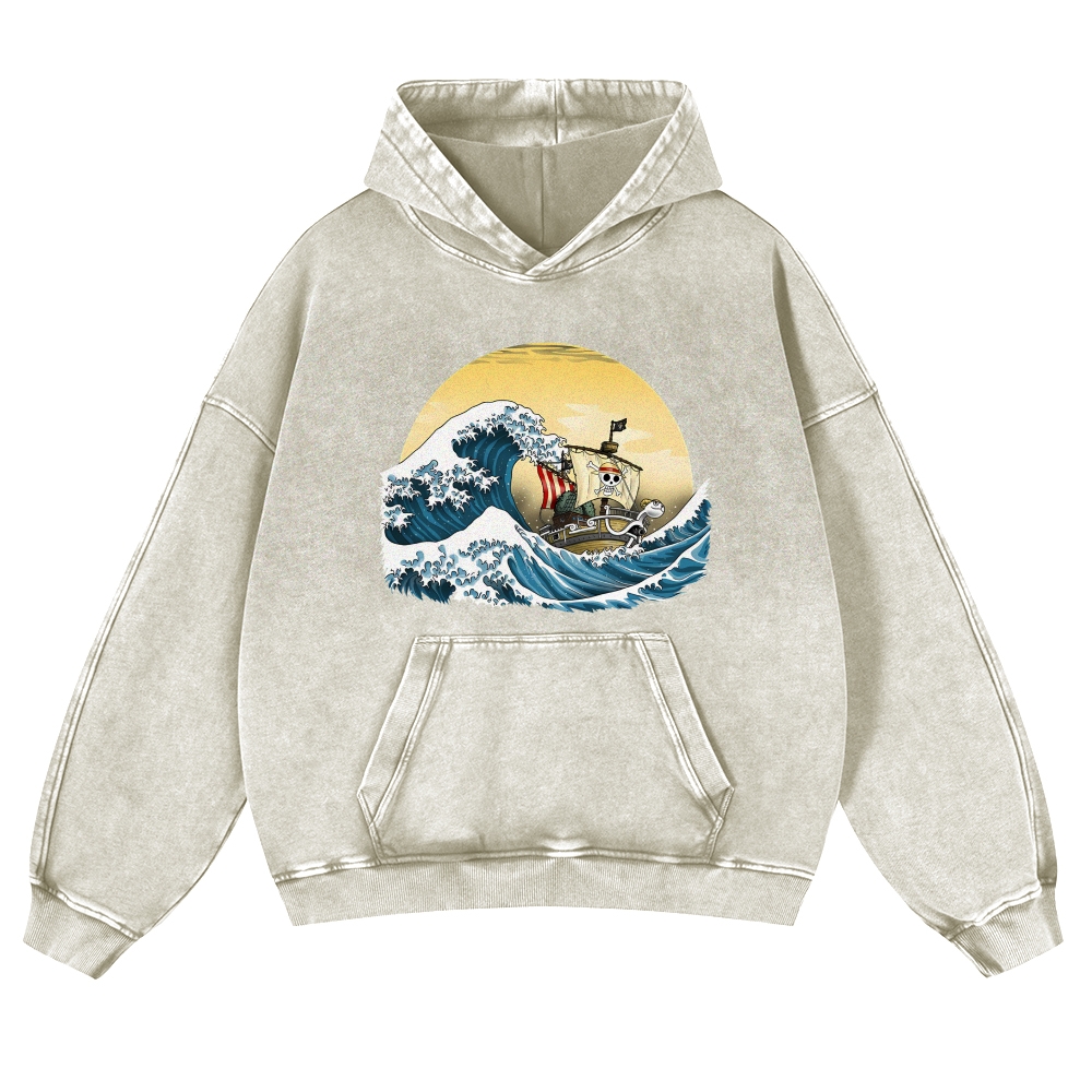 Straw Hat Pirate Ship Ukiyoe Vintage Washed Hoodie
