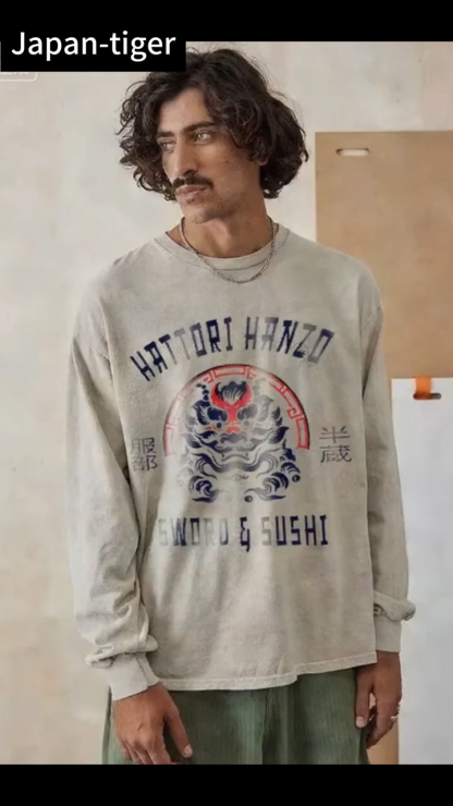 Hattori Hanzo Komainu Vintage Cotton Wash Crewneck Long-Sleeve T-Shirt