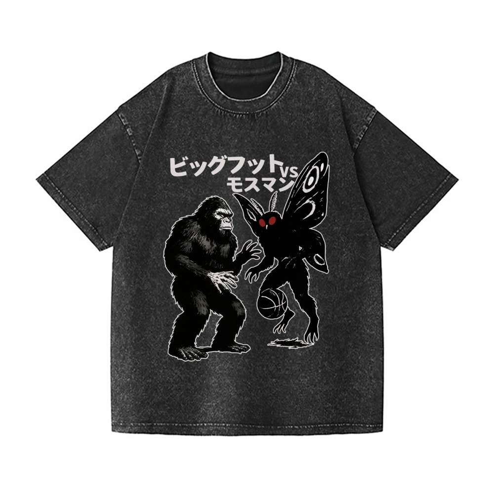 Battle Between Bigfoot And Mothman Playing Basketball Vintage Wash Japanese Design T-Shirt