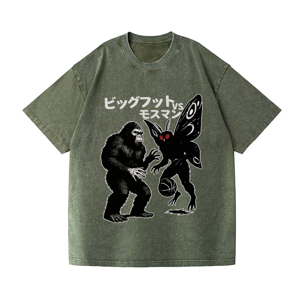 Battle Between Bigfoot And Mothman Playing Basketball Vintage Wash Japanese Design T-Shirt