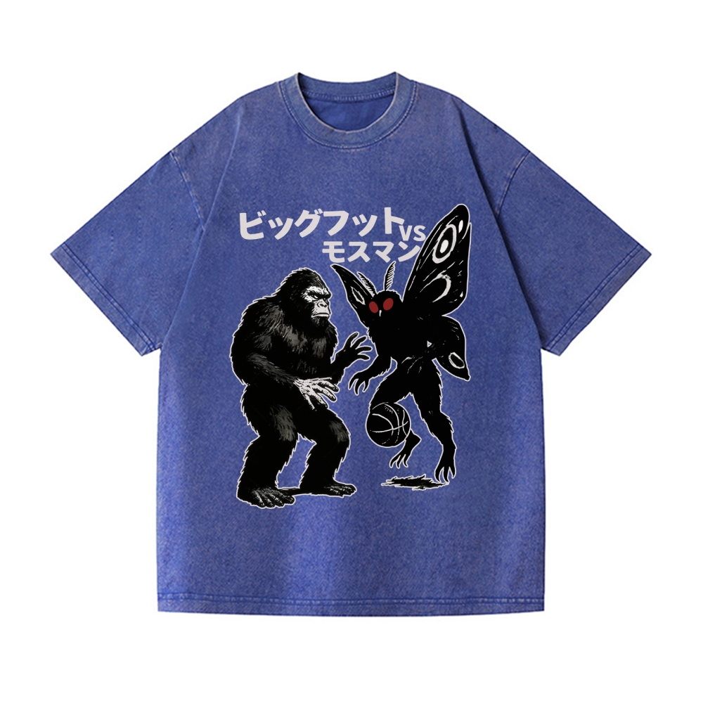 Battle Between Bigfoot And Mothman Playing Basketball Vintage Wash Japanese Design T-Shirt