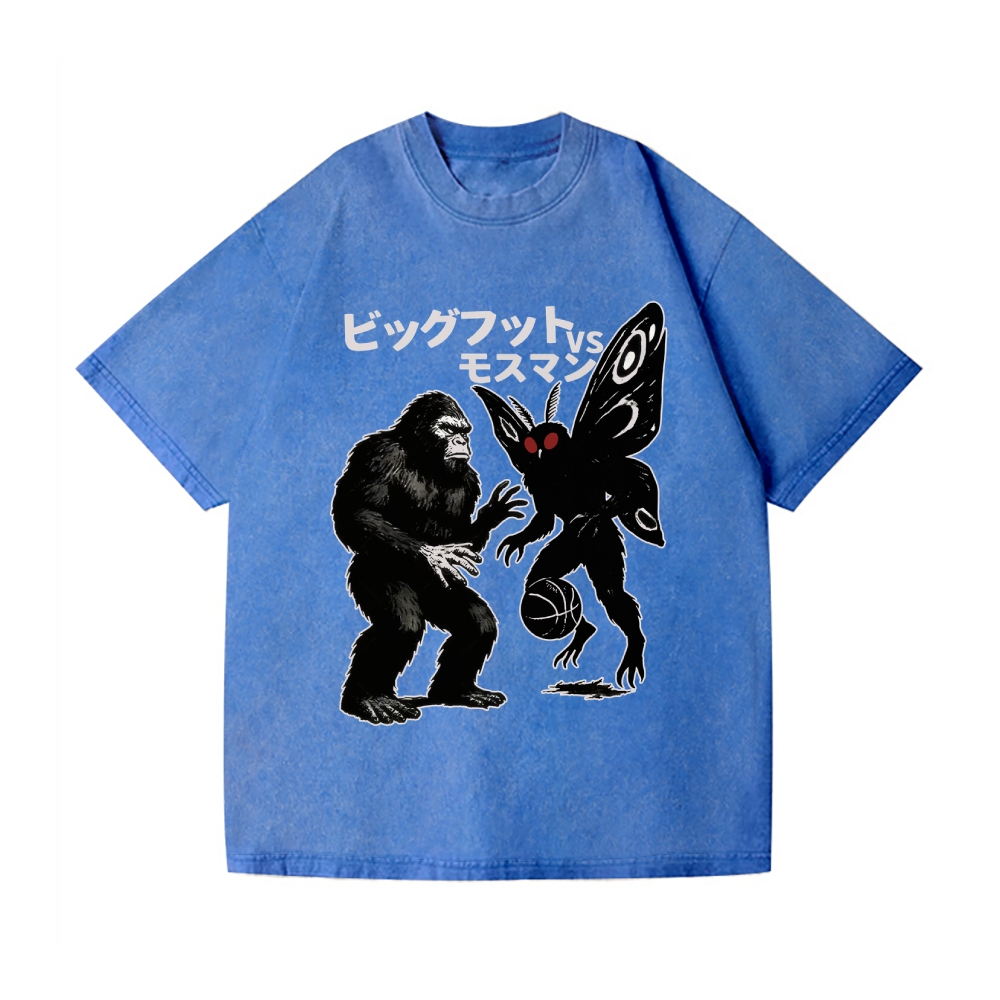 Battle Between Bigfoot And Mothman Playing Basketball Vintage Wash Japanese Design T-Shirt