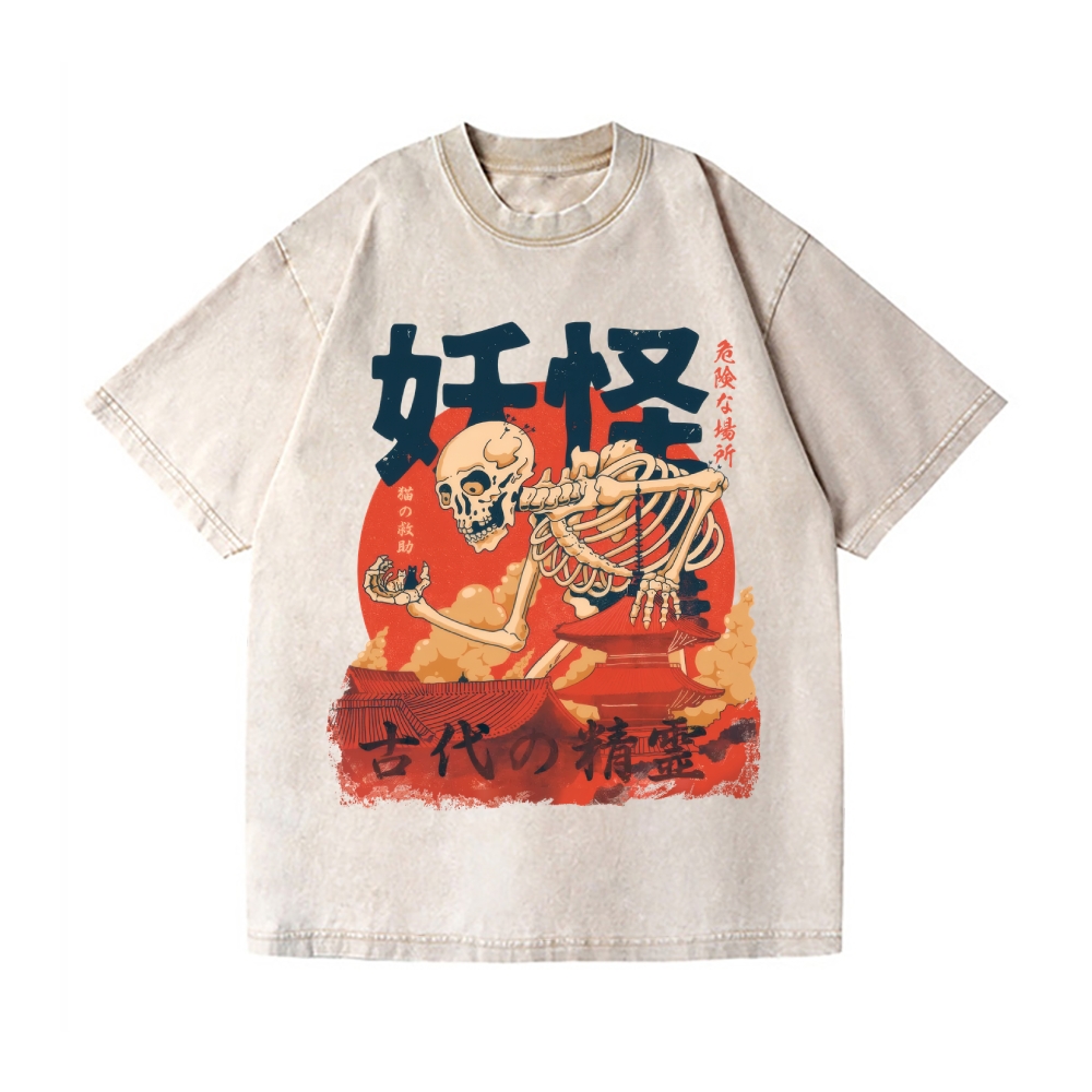 Yokai Rescuing Cats Vintage Wash Japanese Design T-Shirt