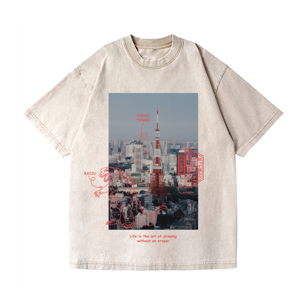 Kaiju Tokyo Tower Vintage Wash Japanese Design T-Shirt