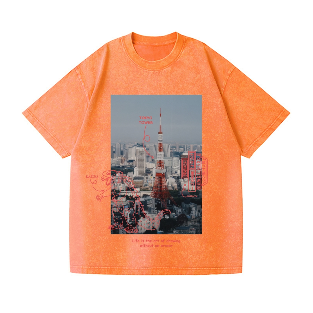 Kaiju Godzilla Tokyo Tower Vintage Wash Japanese Design T-Shirt