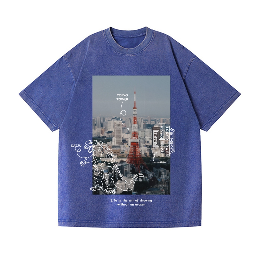 Kaiju Godzilla Tokyo Tower Vintage Wash Japanese Design T-Shirt