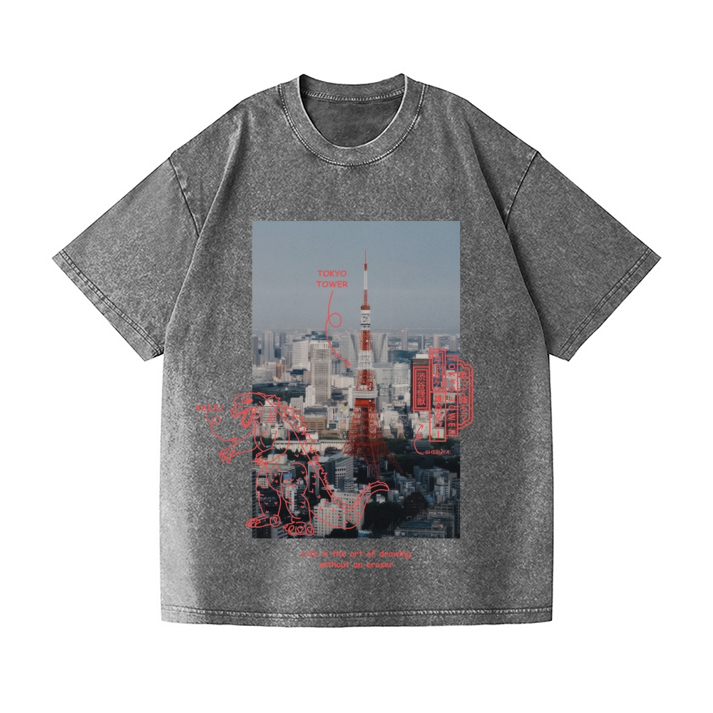 Kaiju Godzilla Tokyo Tower Vintage Wash Japanese Design T-Shirt
