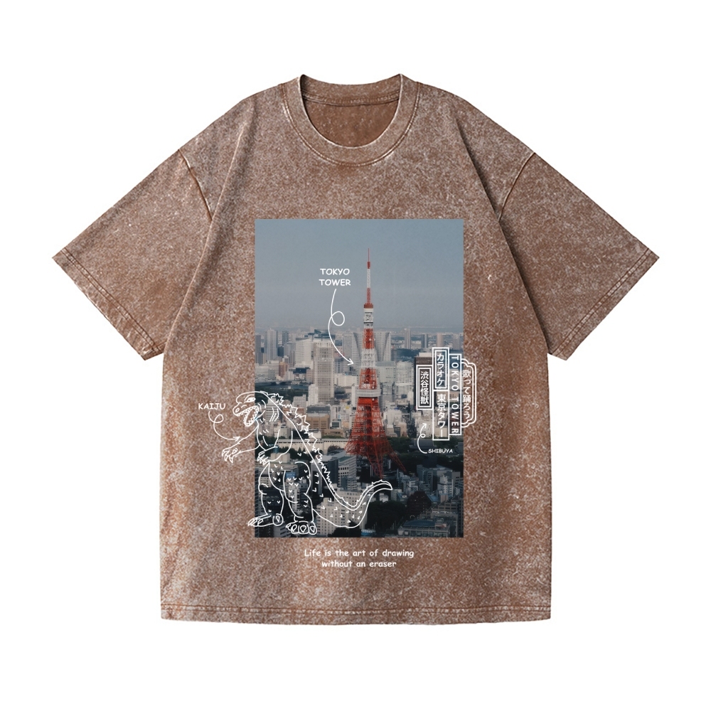Kaiju Tokyo Tower Vintage Wash Japanese Design T-Shirt