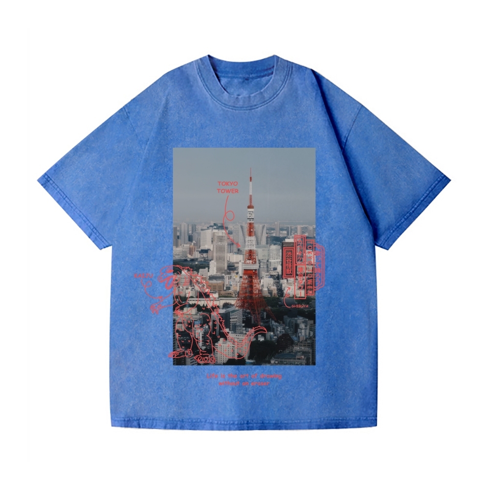 Kaiju Godzilla Tokyo Tower Vintage Wash Japanese Design T-Shirt