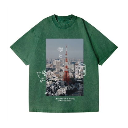 Kaiju Godzilla Tokyo Tower Vintage Wash Japanese Design T-Shirt