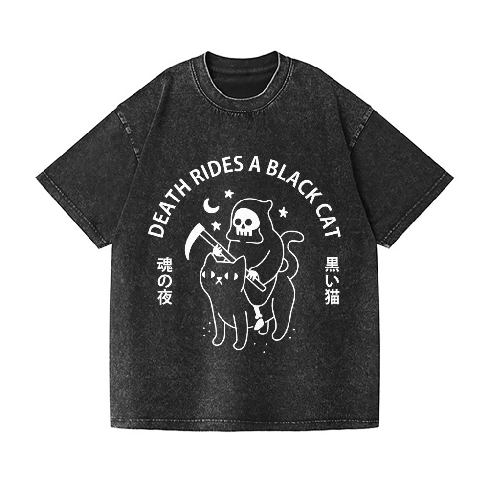 Death Rides A Black Cat Vintage Wash Japanese Design T-Shirt